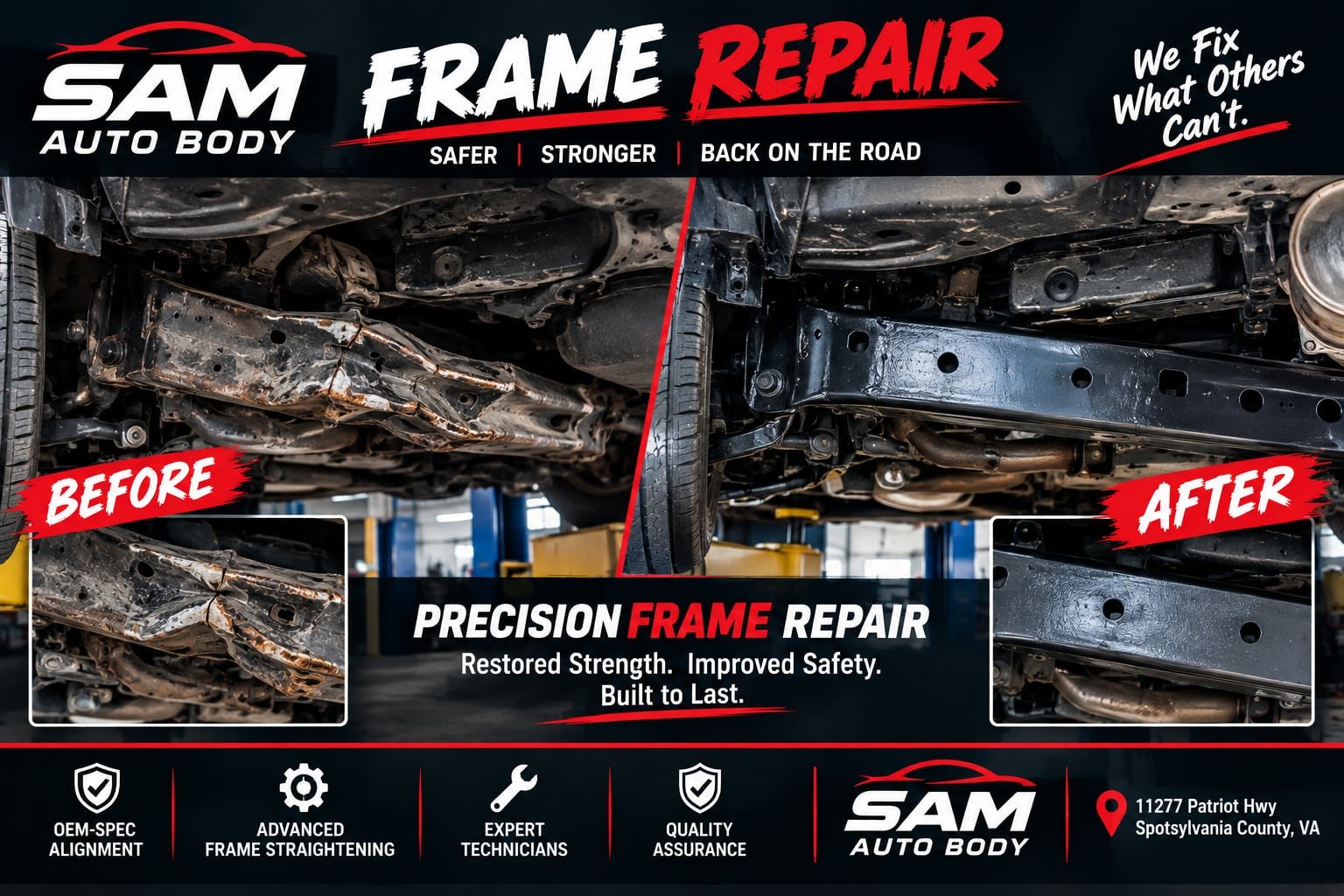 Frame repair — before and after, bent frame rail straightened to OEM spec
