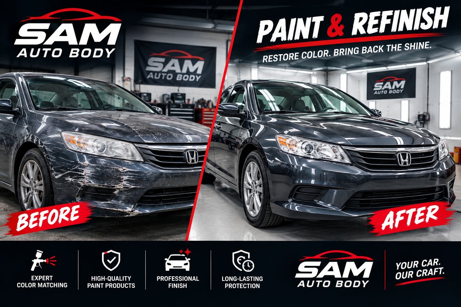 Paint and refinish — before and after, Honda Accord restored to a full-gloss finish