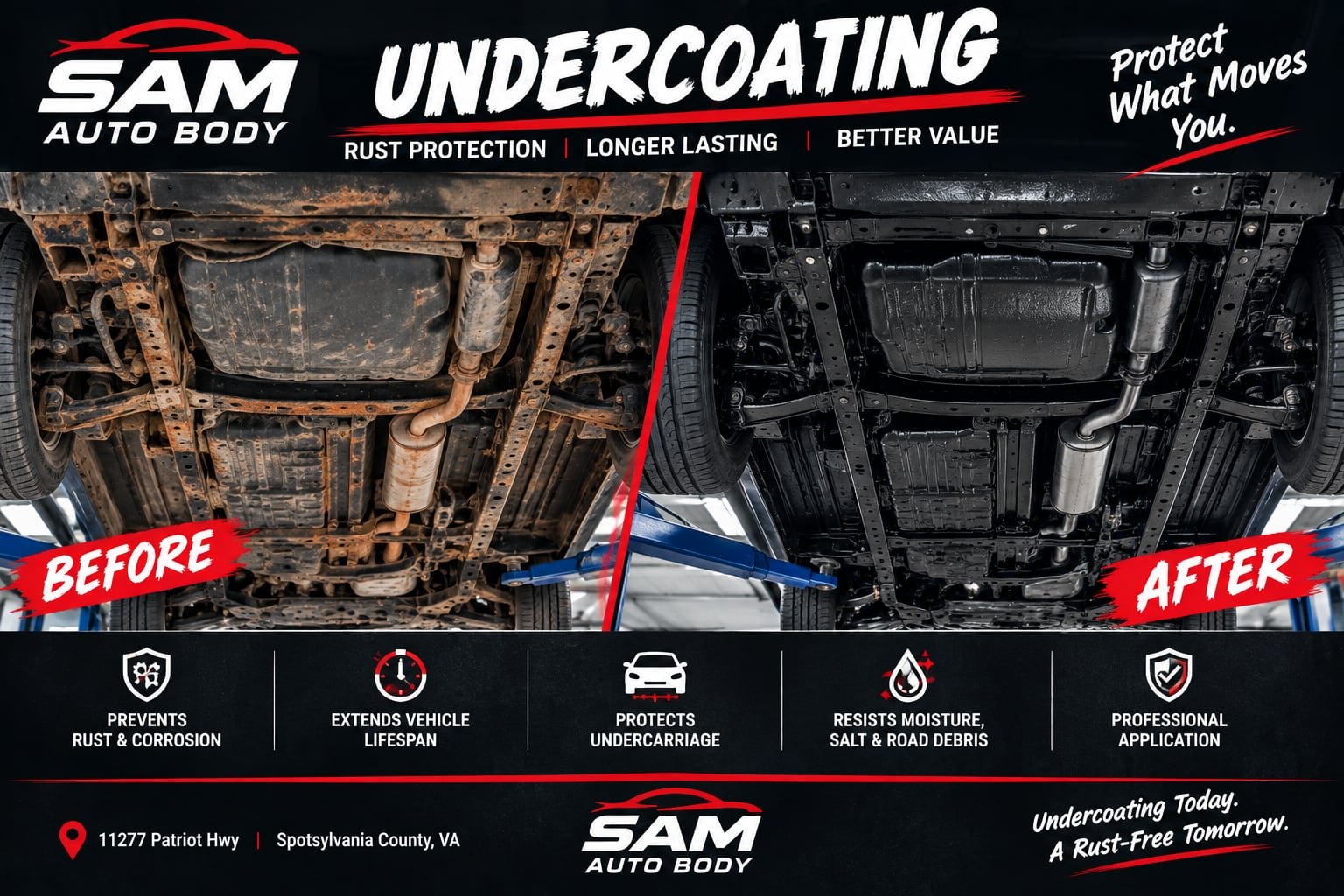 Undercoating — before and after, rusted undercarriage sealed and protected