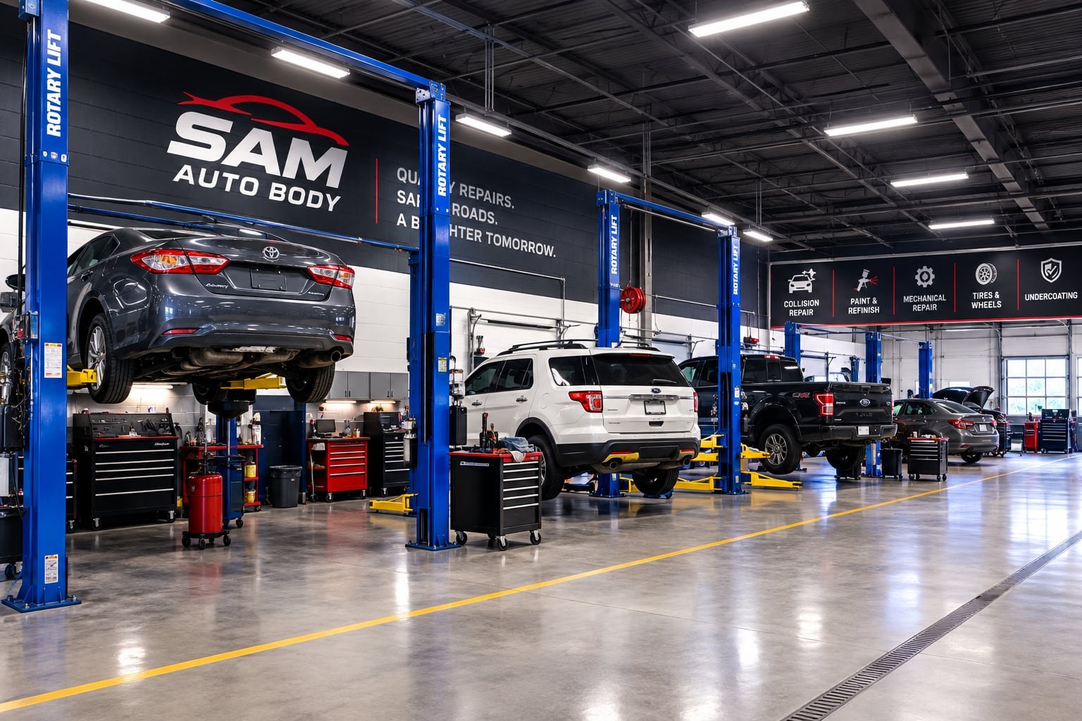 The service bays at Sam Auto Body — vehicles on lifts under the shop sign
