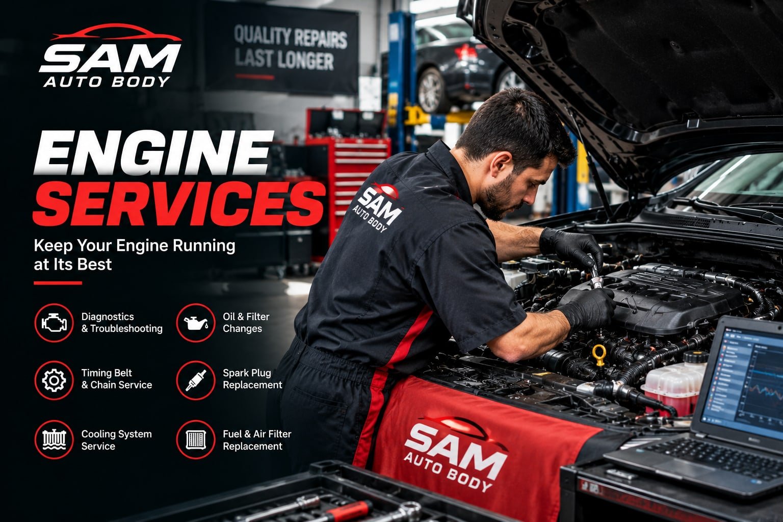 Engine services — diagnostics, timing belt and chain, spark plugs, cooling system, fuel and air filters