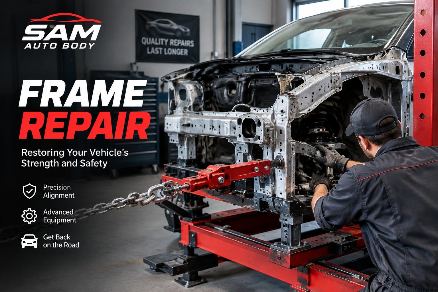 Frame repair — vehicle on a frame machine being pulled back into alignment
