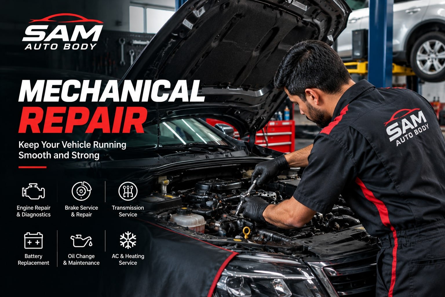 Mechanical repair — engine, brakes, transmission, battery, oil change, AC and heating