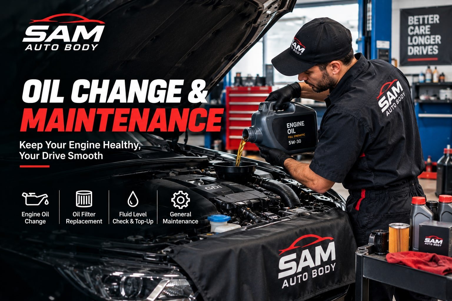 Oil change and maintenance — engine oil change, filter replacement, fluid top-up, general maintenance