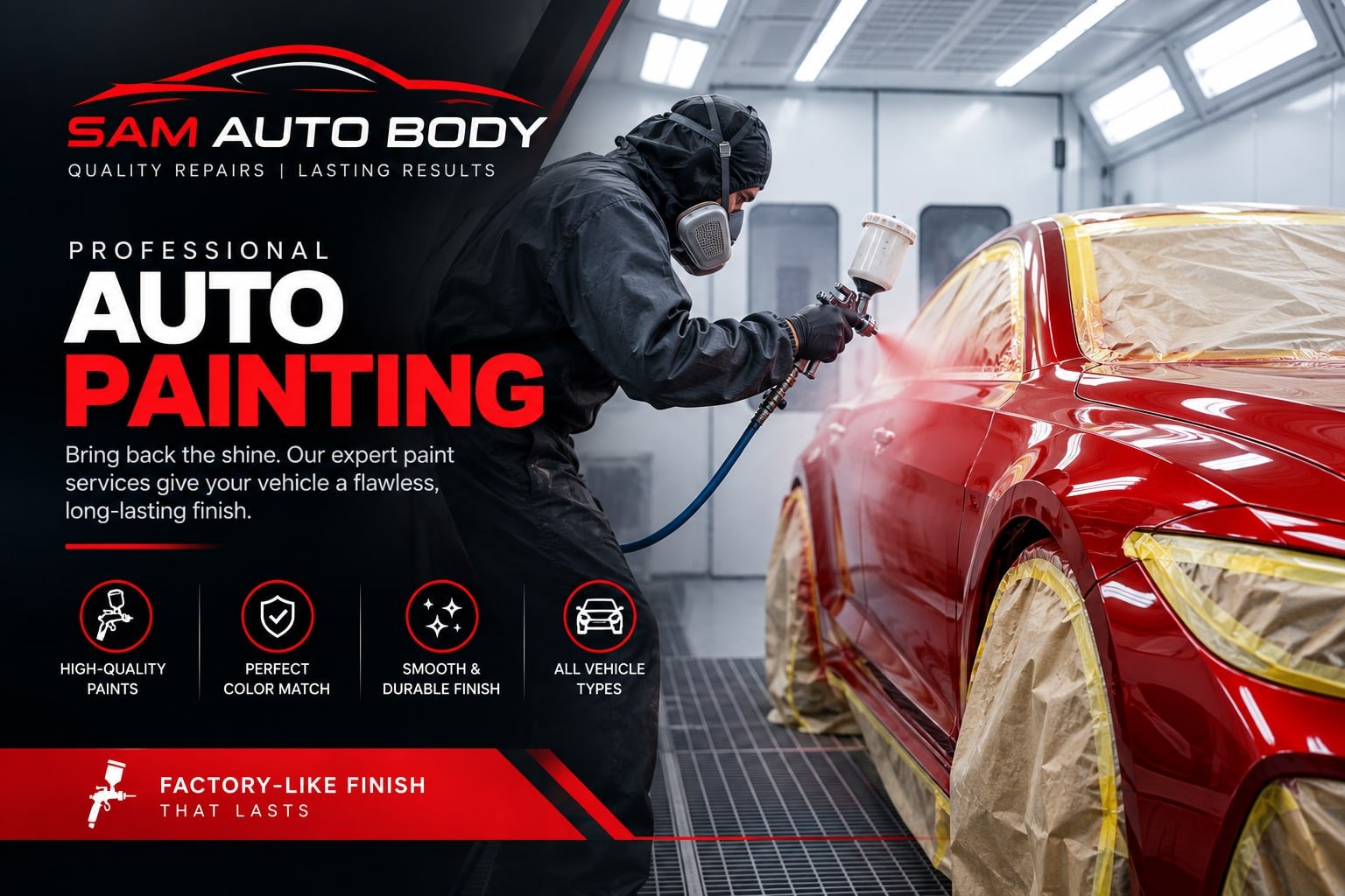 Professional auto painting — technician spraying a red car in a paint booth