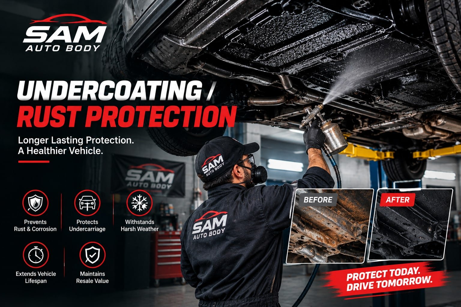 Undercoating and rust protection — technician spraying a vehicle undercarriage, before and after