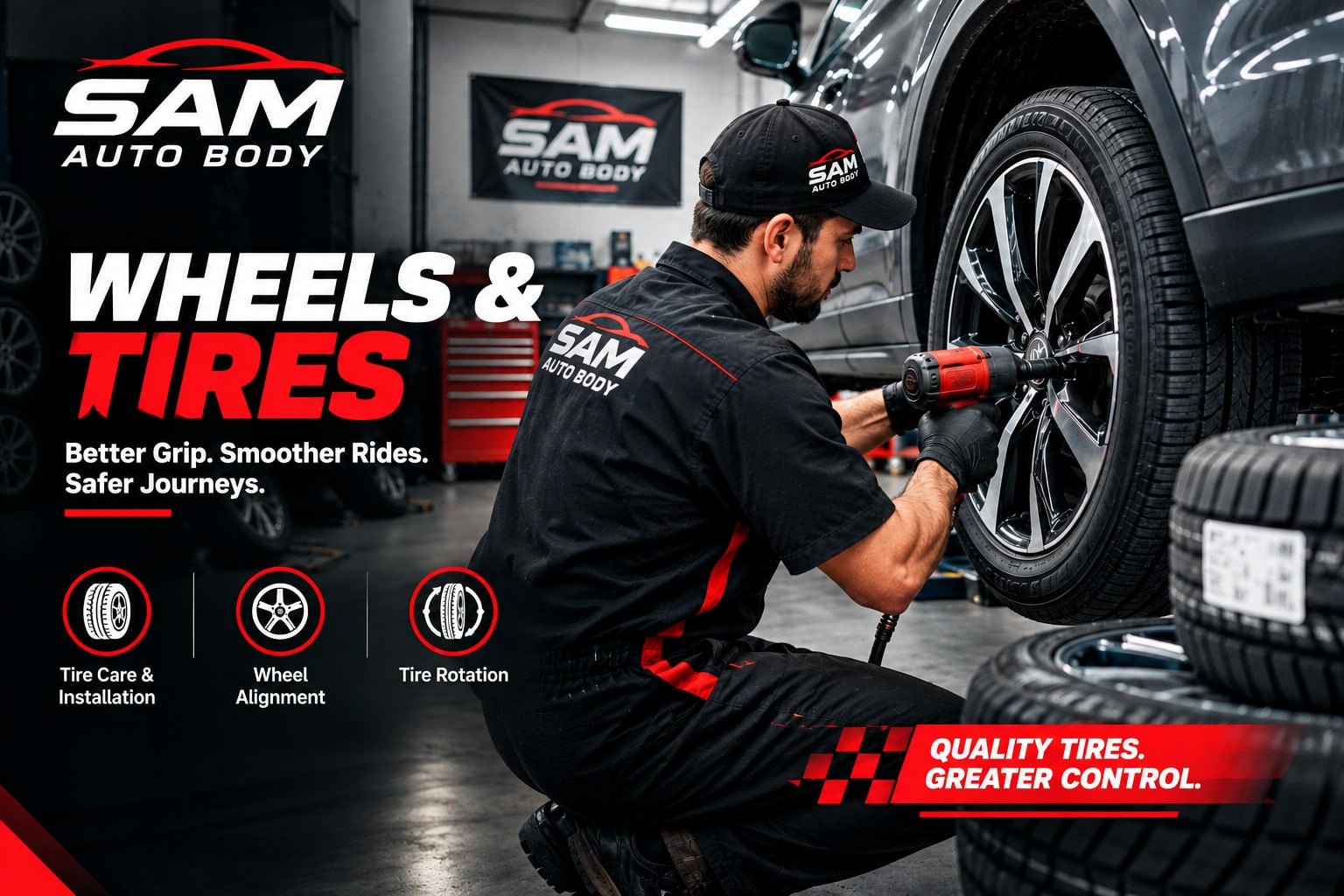 Wheels and tires — alignment, rotation, tire repair and patching, alloy wheel services