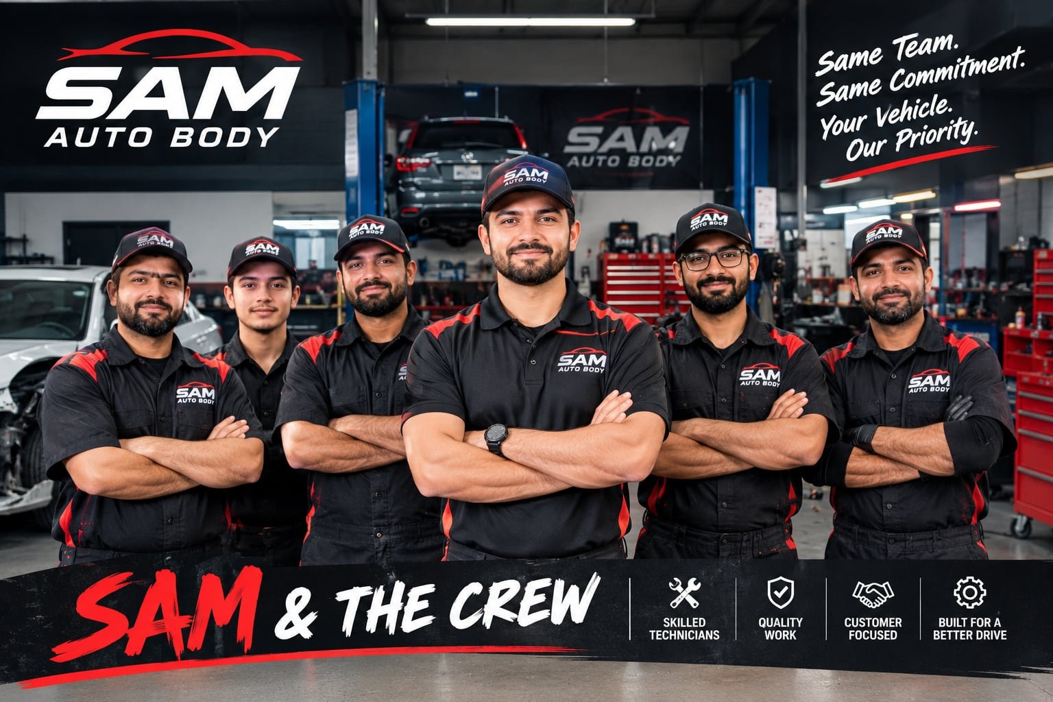 Sam and the crew — the Sam Auto Body team in the shop